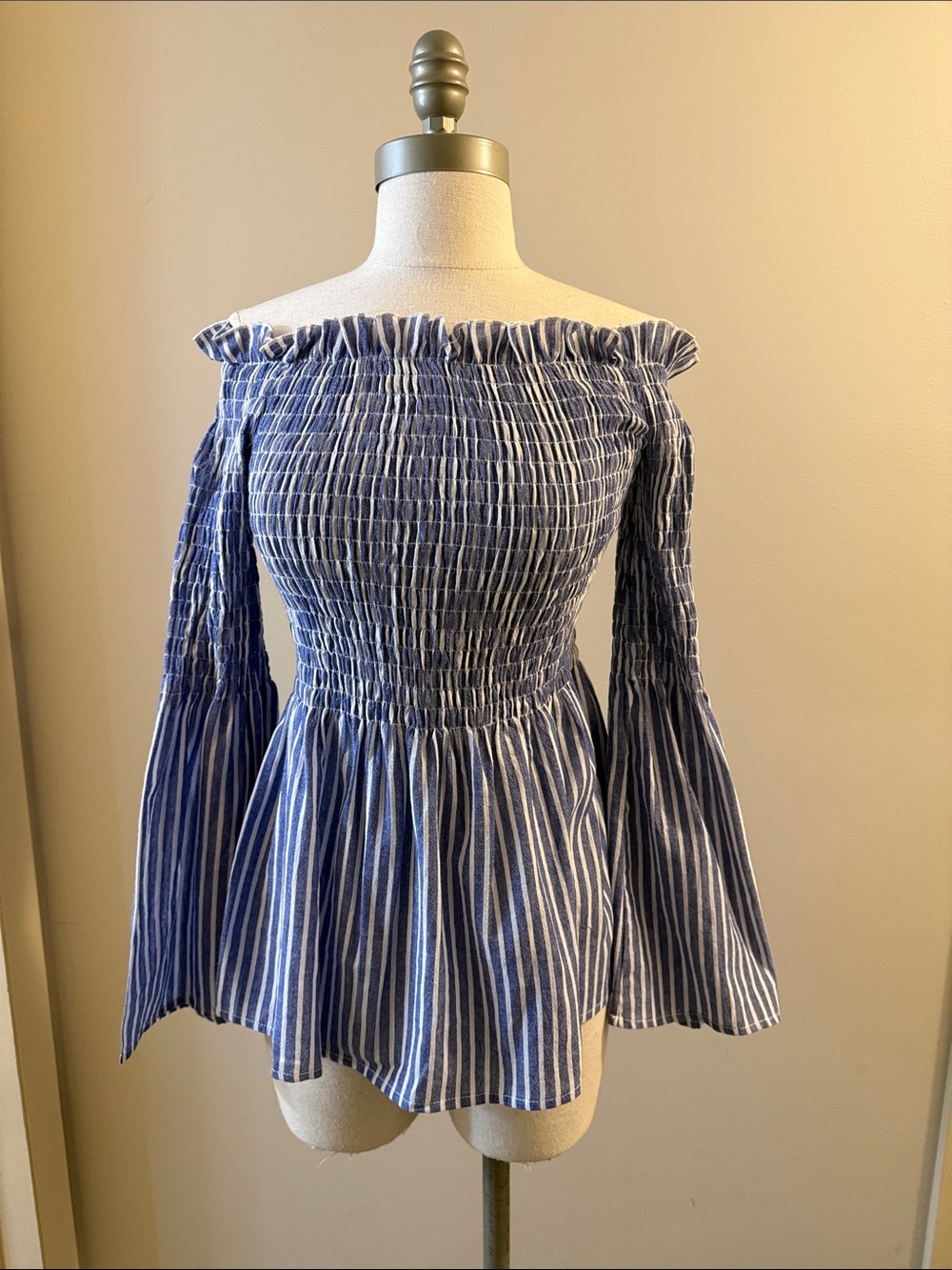 Smocked Off-Shoulder Blue Stripe Peplum Blouse